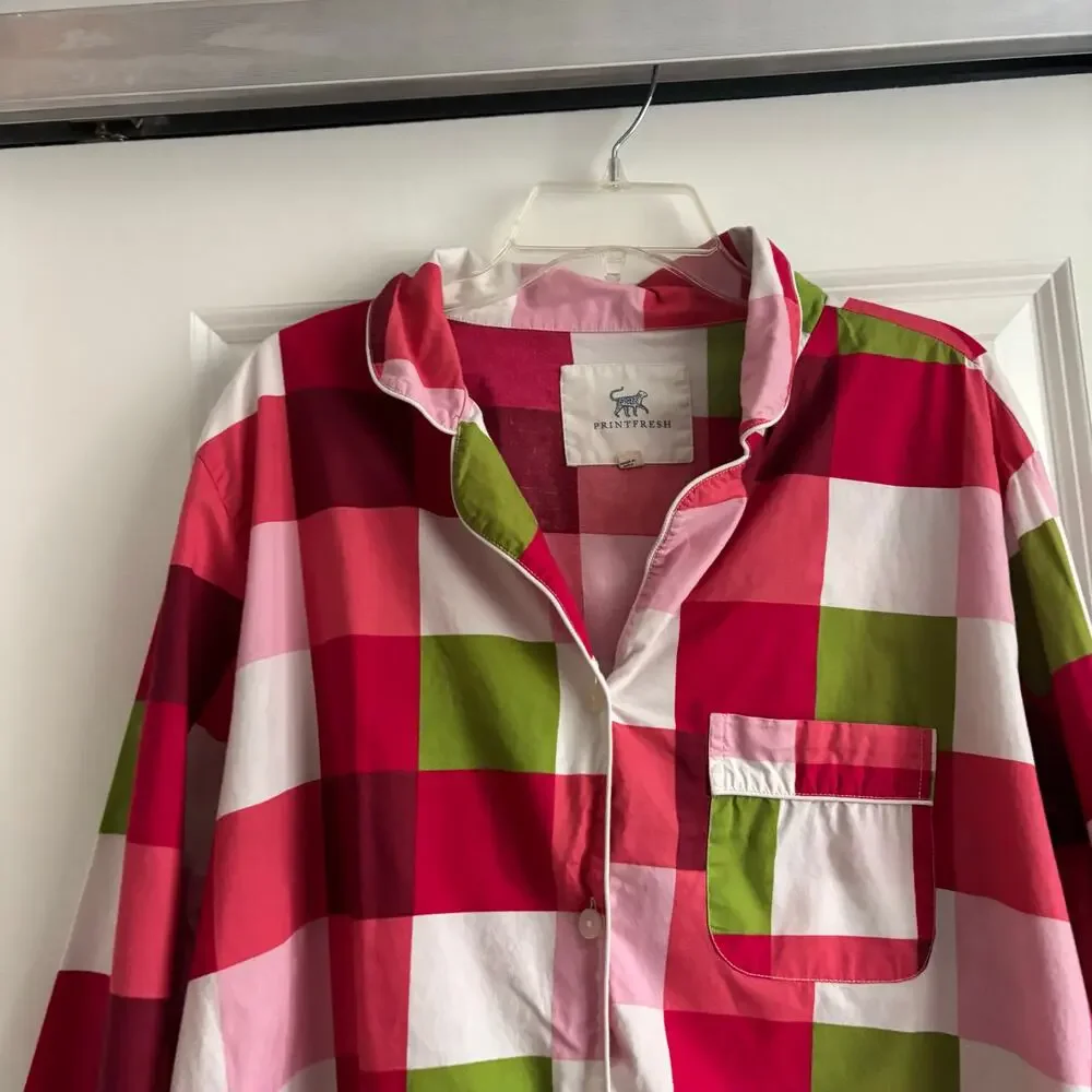 Printfresh Holiday Buffalo Plaid Pajama Top Sz M Red Pink‎